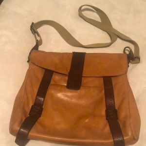 Tan leather crossbody purse trimmed in Chocolate leather!